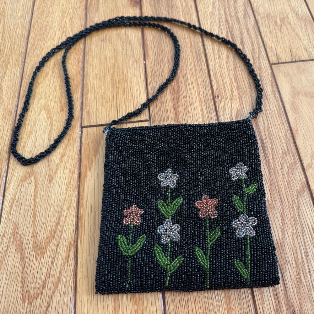 Vintage 80s Black Beaded Floral Crossbody Bag Small Seed Bead Evening Purse